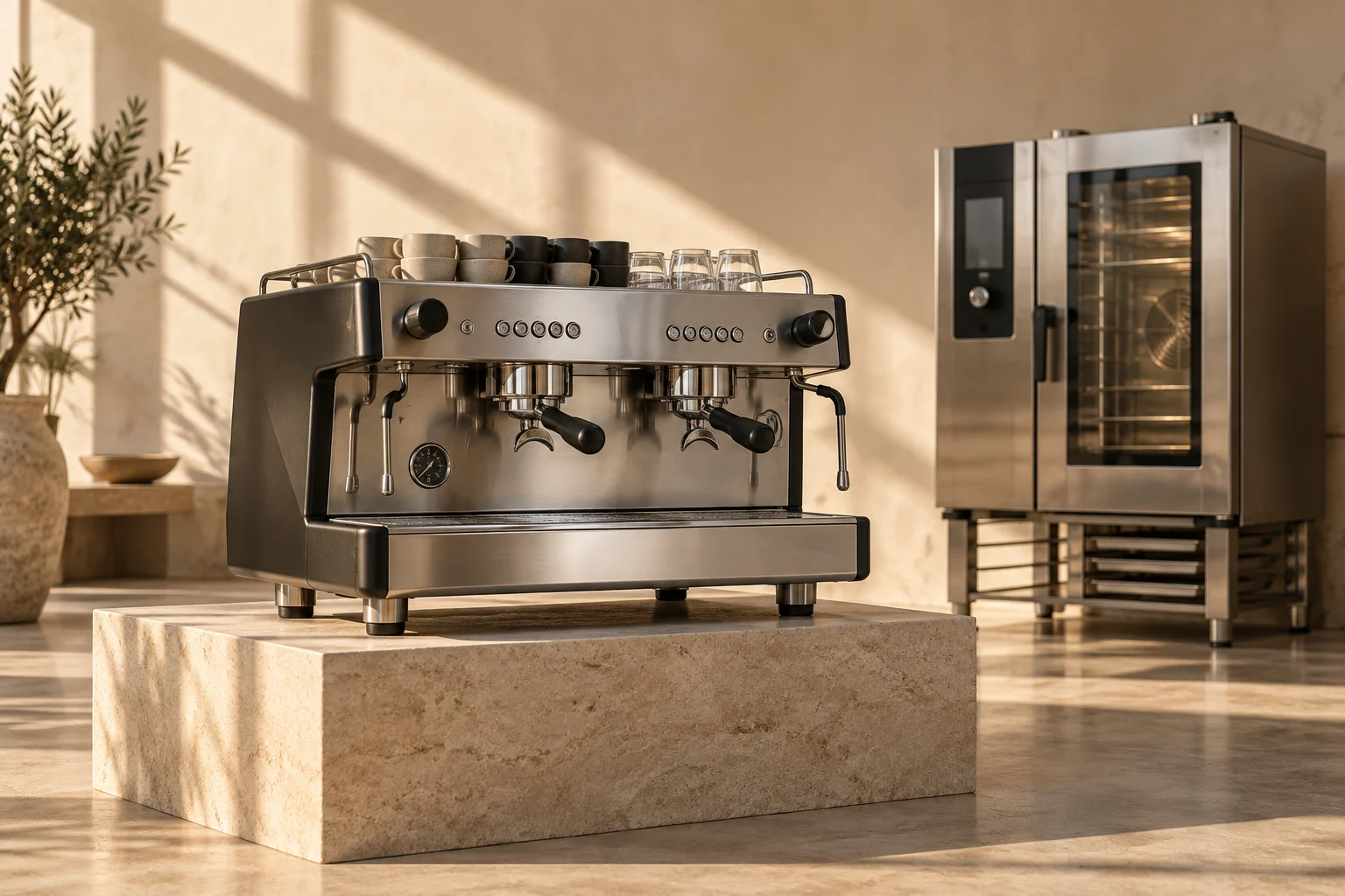 Illustrative studio photograph of a professional espresso machine and commercial oven